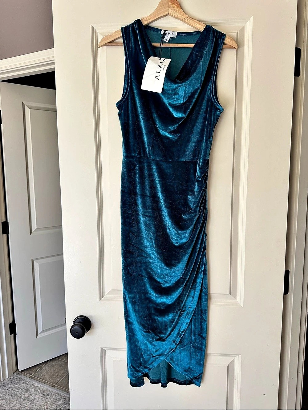 ALAIA Velvet Draped Maxi Dress in Blue Size 36 NWT